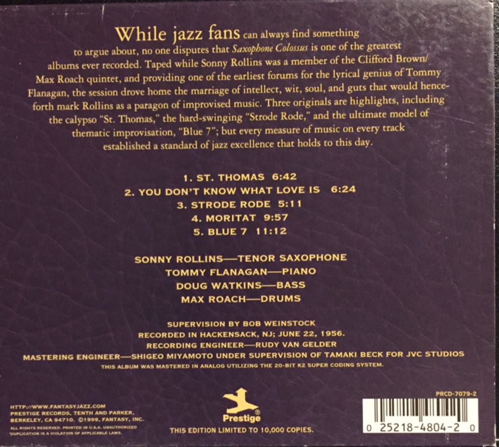 Saxophone Colossus - Sonny Rollins (CD - 40) music collectible [Barcode 025218480420] - Main Image 2