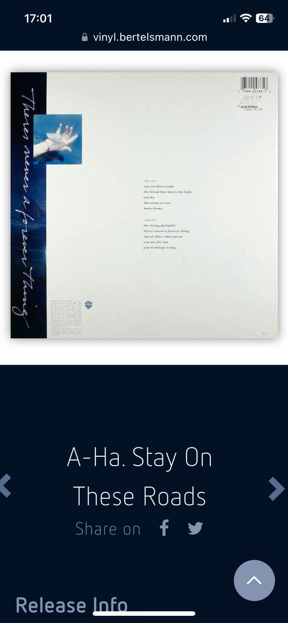 Stay On These Roads - A-HA (12”) music collectible - Main Image 2