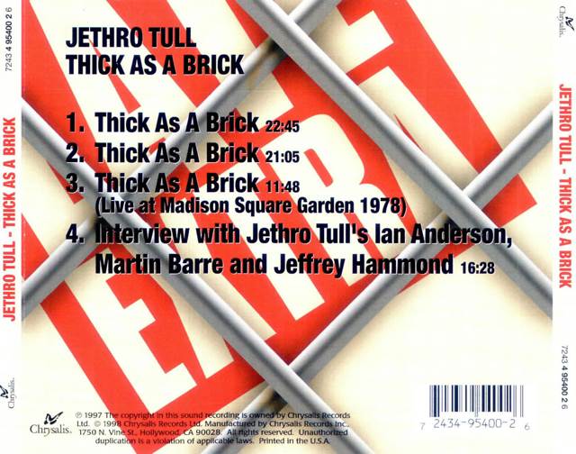 Thick As A Brick - Jethro Tull (CD) music collectible [Barcode 724349540026] - Main Image 2