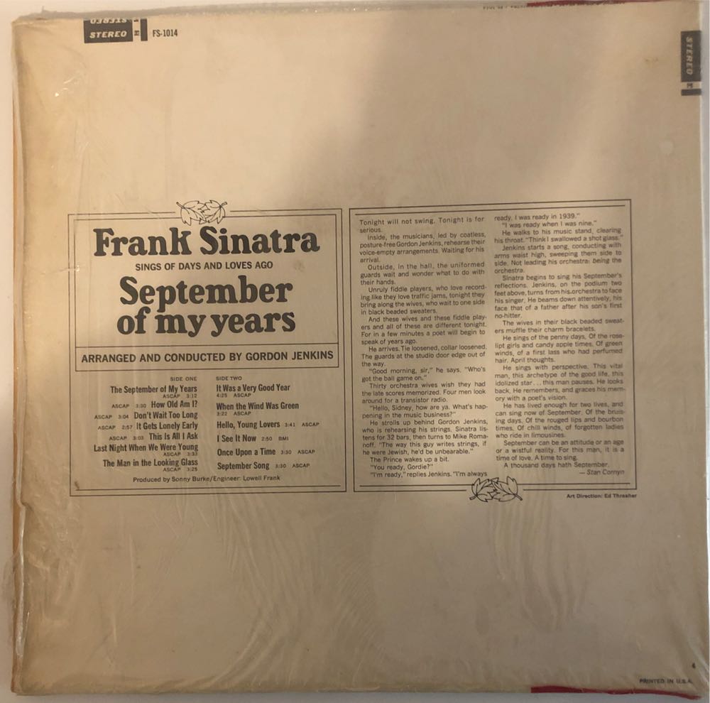 September of My Years - Frank Sinatra (12”) music collectible - Main Image 2