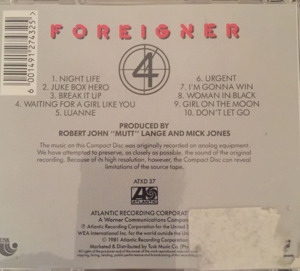  4 - Foreigner (CD-RW - 43) music collectible [Barcode 6001491274325] - Main Image 2