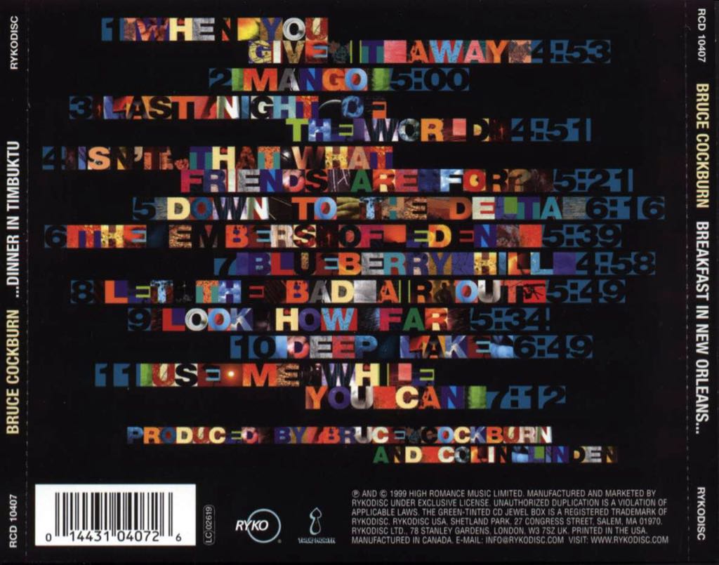 Breakfast In New Orleans, Dinner In Timbuktu - Cockburn, Bruce (CD - 63) music collectible [Barcode 014431040726] - Main Image 2