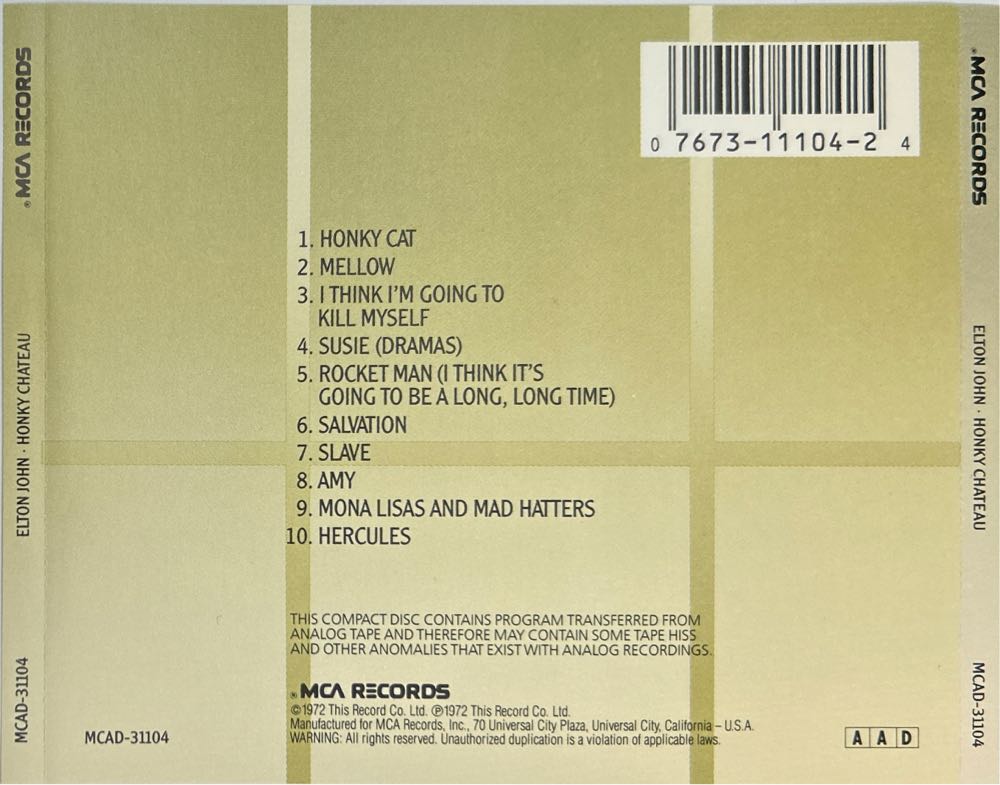 Honkey Chateau - Elton John (CD - 46) music collectible [Barcode 076731110424] - Main Image 2