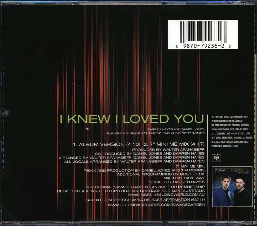 I Knew I Loved You (Single) - Savage Garden (CD) music collectible [Barcode 098707923623] - Main Image 2