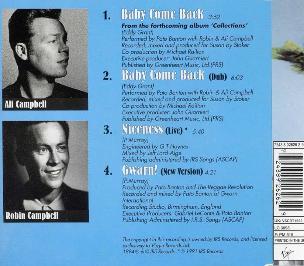 Pato Banton - Baby Come Back - Pato Banton (CD - 20) music collectible [Barcode 724389262629] - Main Image 2