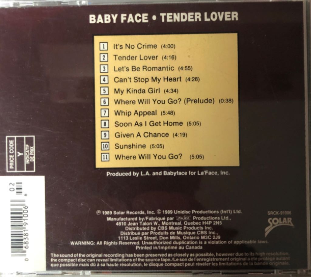 Tender Lover - Babyface (CD) music collectible [Barcode 068381910066] - Main Image 2
