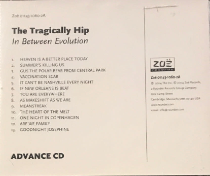 In Between Evolution - Tragically Hip (CD - 44) music collectible [Barcode 601143106026] - Main Image 2
