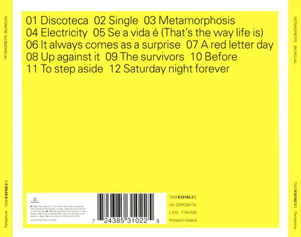 Bilingual - Pet Shop Boys (CD - 54) music collectible [Barcode 724385310225] - Main Image 2