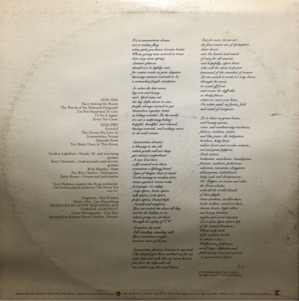 Summertime Dream - Lightfoot, Gordon (12” - 37) music collectible - Main Image 2
