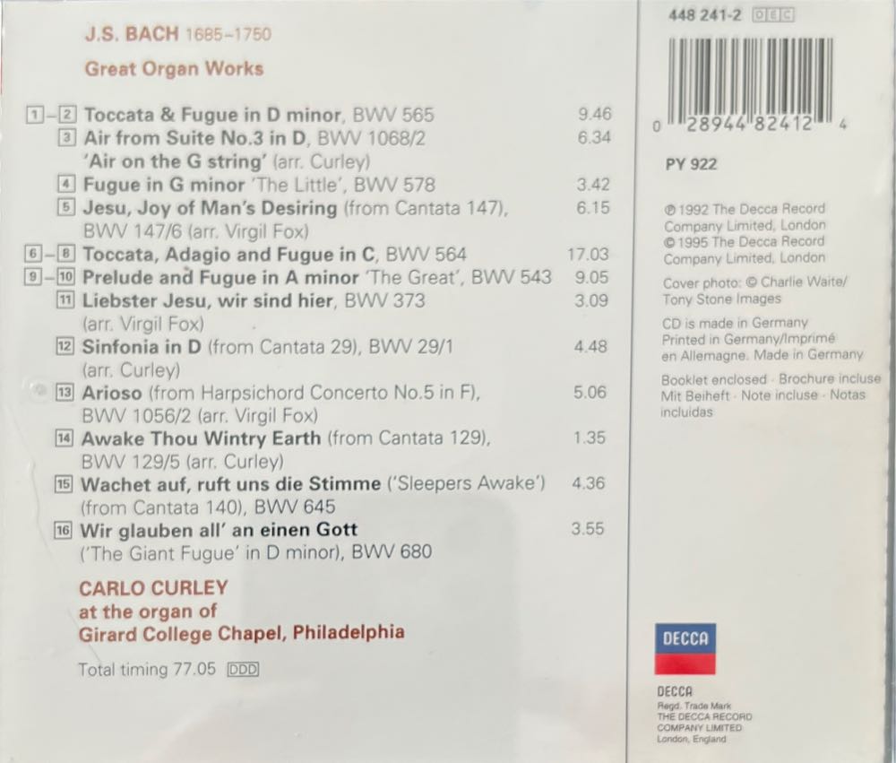 J.S. Bach Great Organ Works - JS Bach, Carlo Curley (CD - 12) music collectible [Barcode 028944824124] - Main Image 2