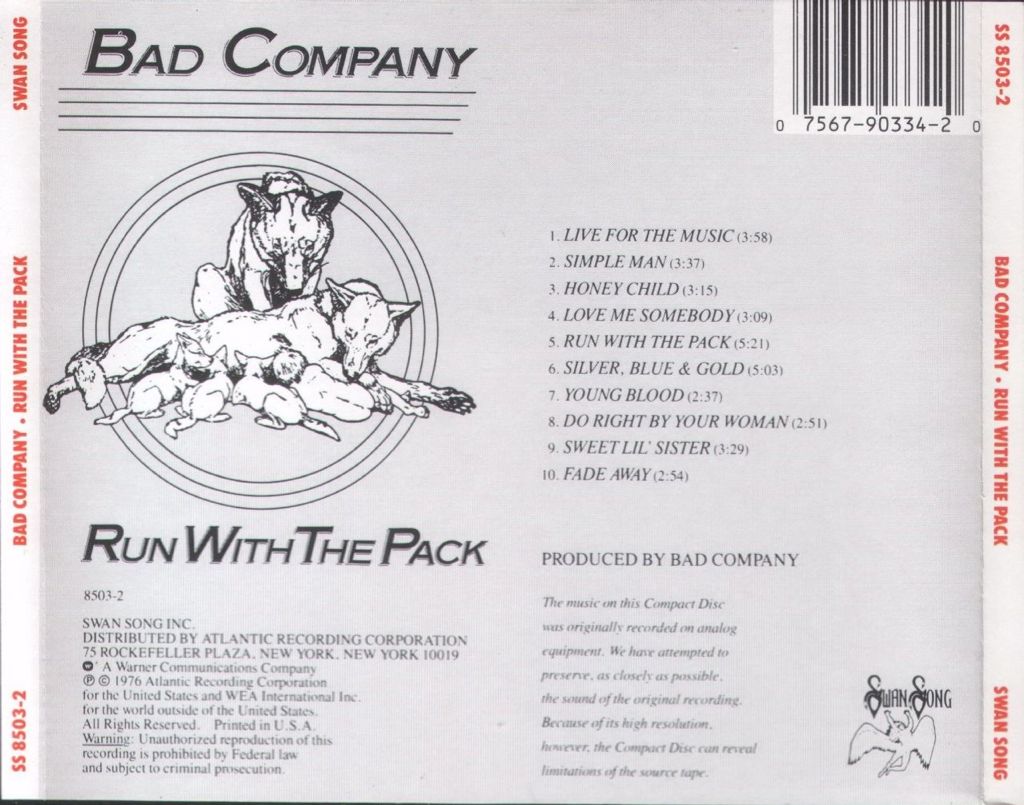 Run With The Pack - Bad Company (CD) music collectible [Barcode 075679033420] - Main Image 2