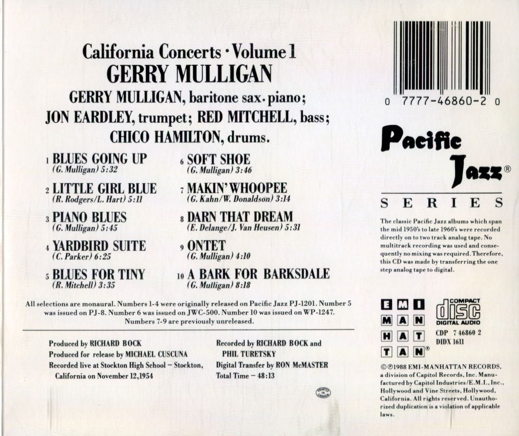 California Concerts Volume 1 - Gerry Mulligan (CD - 49) music collectible [Barcode 077774686020] - Main Image 2