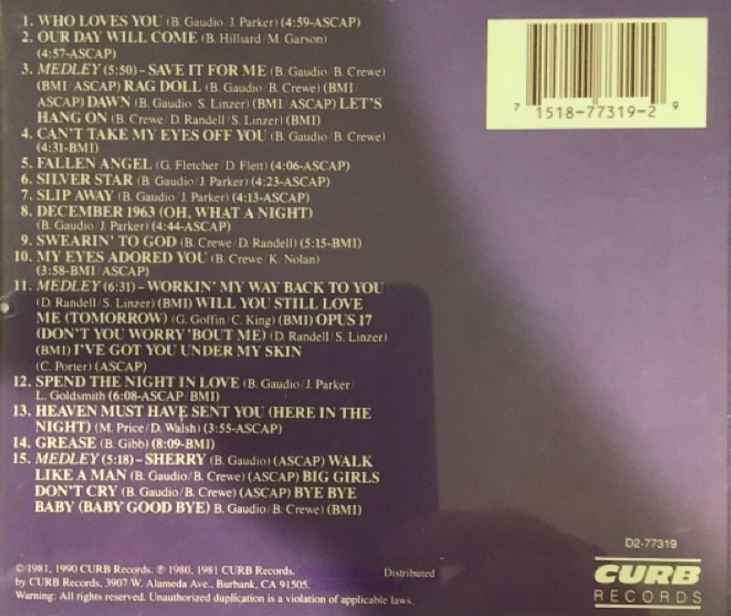 20 Greatest Hits: Live, The - Frankie Valli & The Four Seasons (CD) music collectible [Barcode 715187731929] - Main Image 2