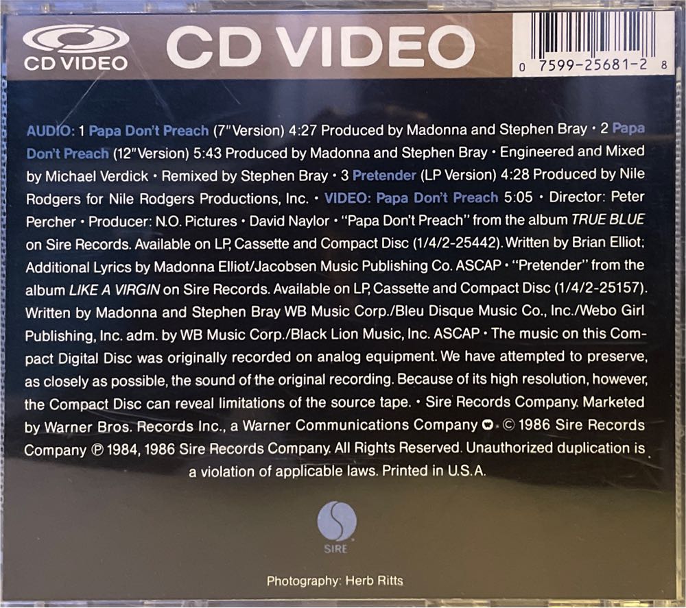 Madonna Papa Dont Preach - PAL-video - Madonna (CD) music collectible [Barcode 075992568128] - Main Image 2