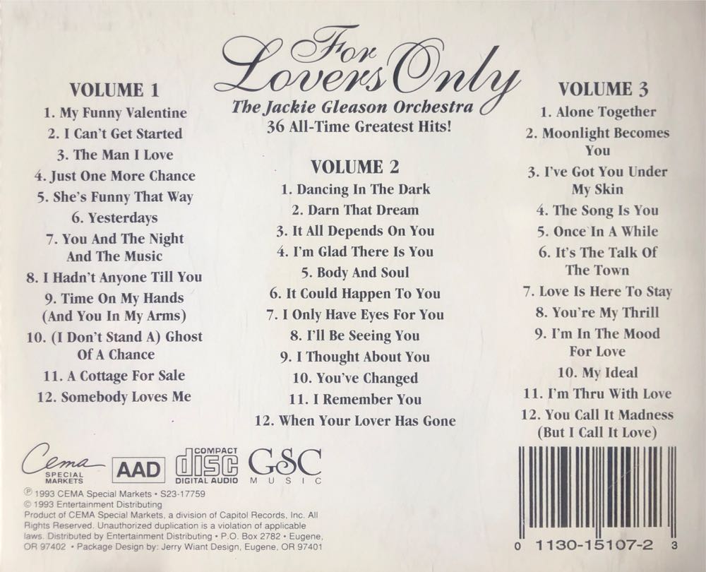 For Lovers Only Vol 3 - Gleason, Jackie (CD - 113) music collectible [Barcode 011301510723] - Main Image 2