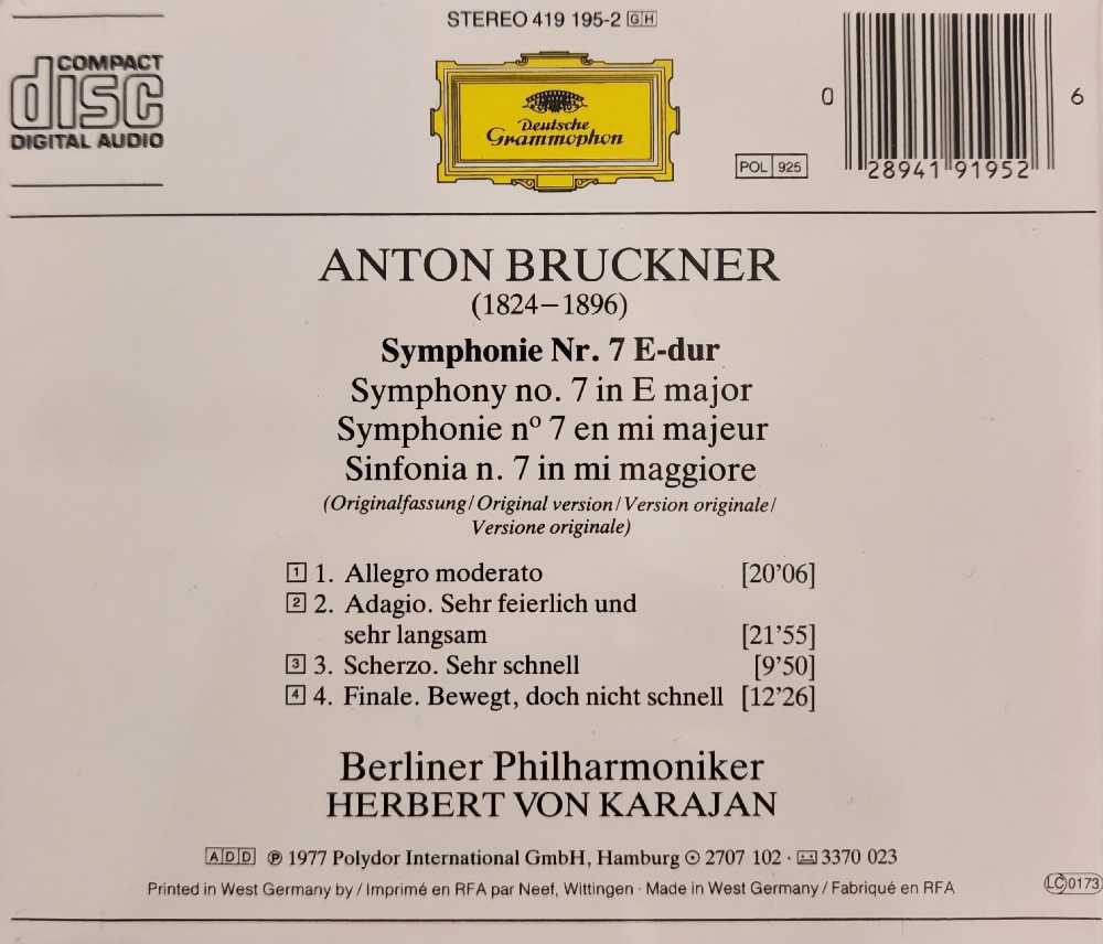 Bruckner: Symphonie No 7 / Karajan - Herbert Von Karajan, Berliner Philharmoniker (CD) music collectible [Barcode 028941919526] - Main Image 2