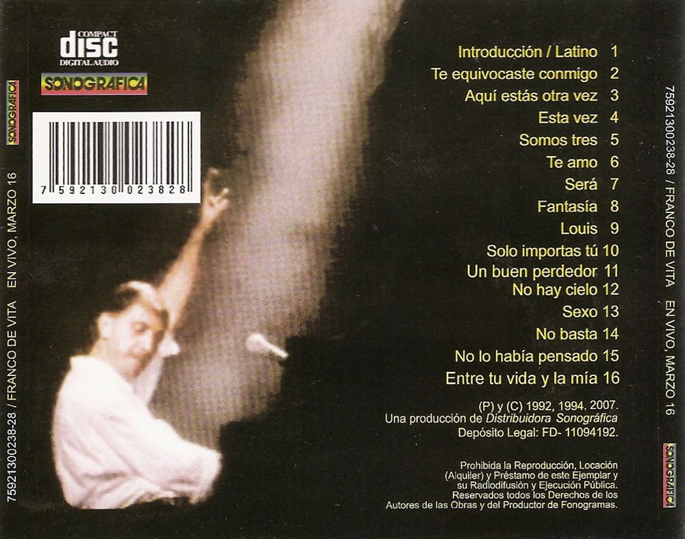 En Vivo Marzo 16 - Franco De Vita (CD-R) music collectible [Barcode 037628075028] - Main Image 2