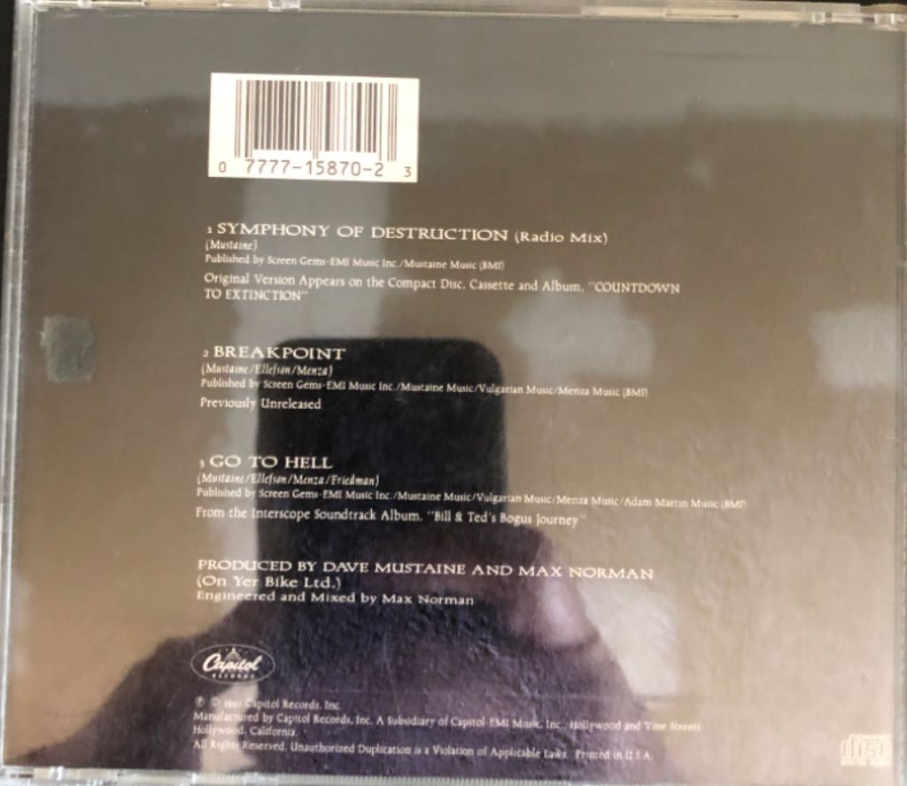 1992  Symphony Of Destruction (Single) - Megadeth (CD - 11) music collectible [Barcode 077771587023] - Main Image 2