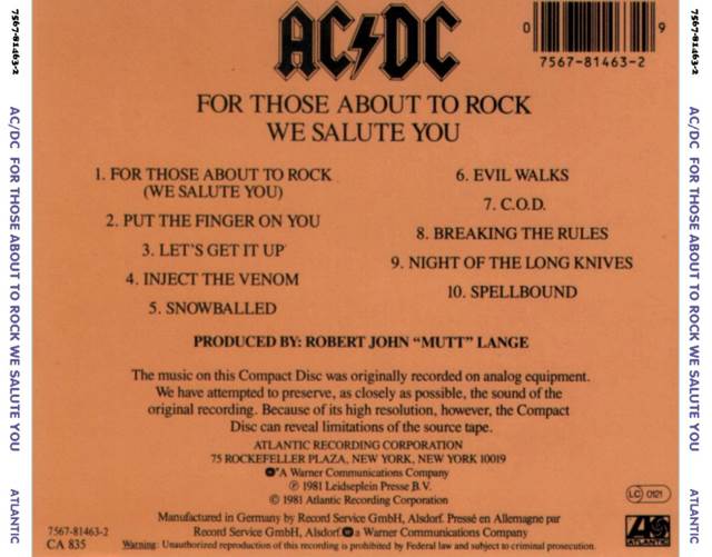 For Those About To Rock (We Salute You) - AC / DC (12” - 40) music collectible [Barcode 724347709029] - Main Image 2