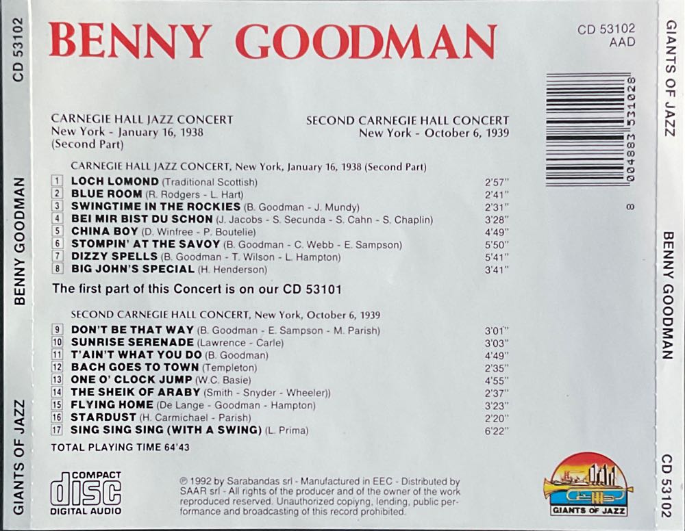 Benny Goodman-Carnegie Hall Jazz Concert Cd - Goodman, Benny (CD - 65) music collectible [Barcode 8004883531028] - Main Image 2