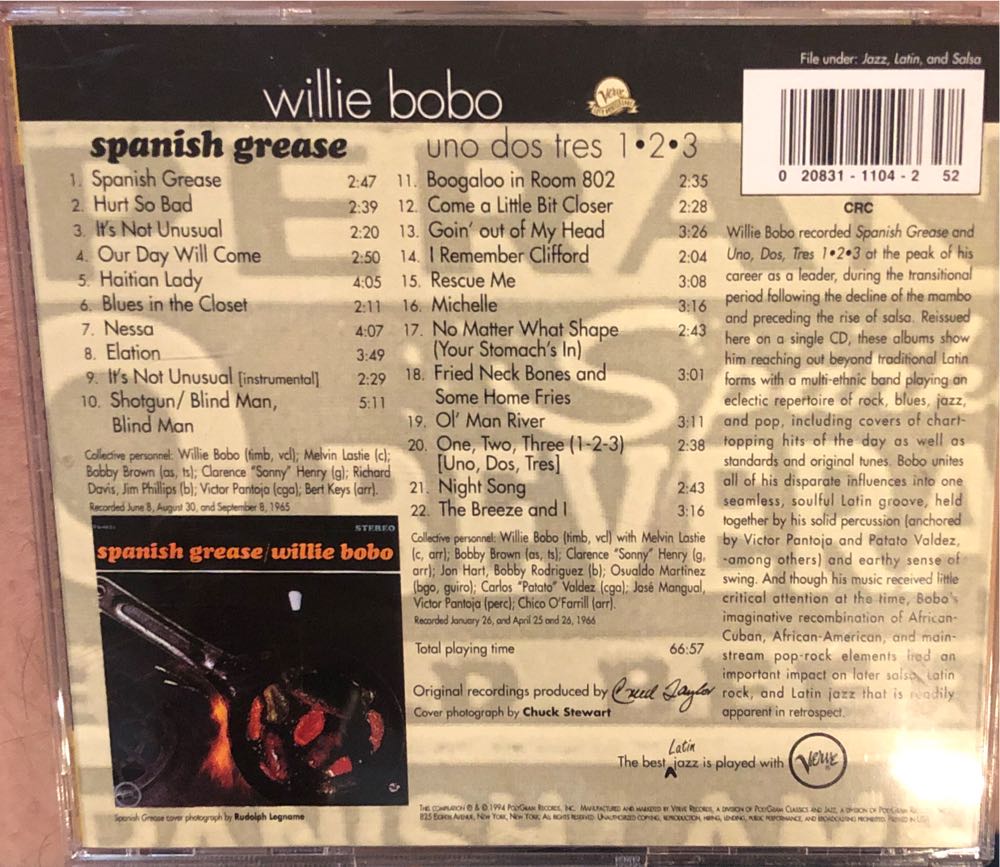 Spanish Grease/Uno Dos Tres 1-2-3 - Bobo, Willie (CD - 67) music collectible [Barcode 731452166425] - Main Image 2