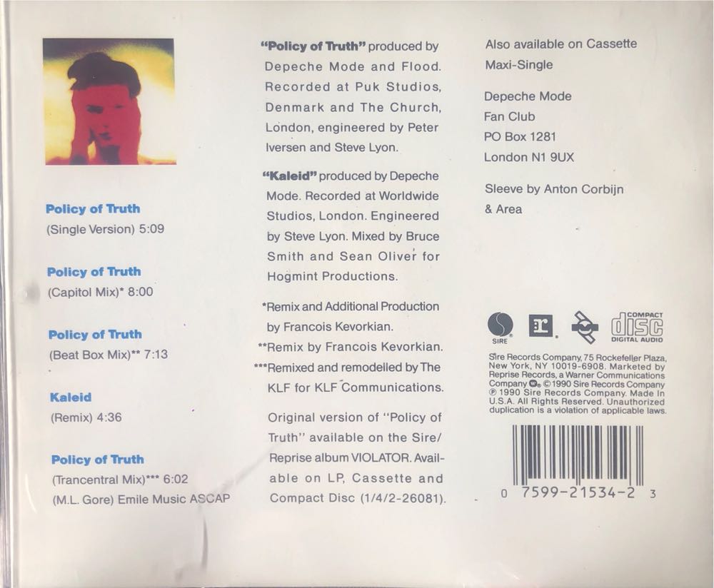 Policy Of Truth - Depeche Mode (CD) music collectible [Barcode 075992153423] - Main Image 2