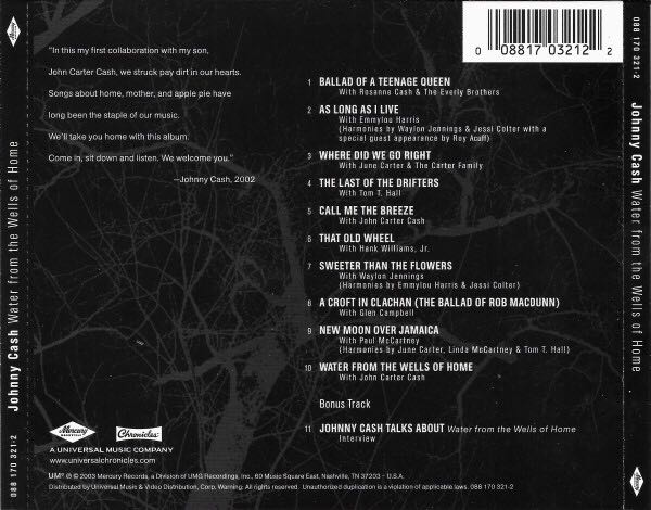 Water from the wells of home - Johnny Cash (CD - 32) music collectible [Barcode 008817032122] - Main Image 2