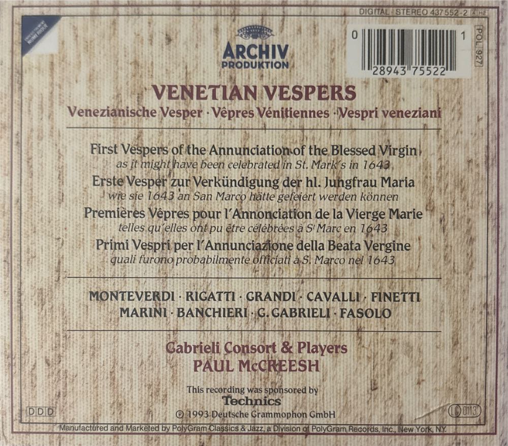 Venetian Vespers (Gabrieli Consort & Players/Paul McCreesh, Archiv) - Gabrieli Consort, Paul McCreesh (CD - 96) music collectible [Barcode 028943755221] - Main Image 2