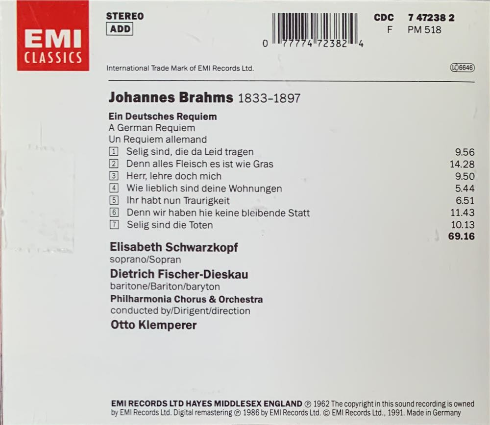 Brahms: Ein Deutsches Requiem - Schwarzkopf, Fischer-Dieskau, Klemperer, Philharmonia (CD - 69) music collectible [Barcode 077774723824] - Main Image 2
