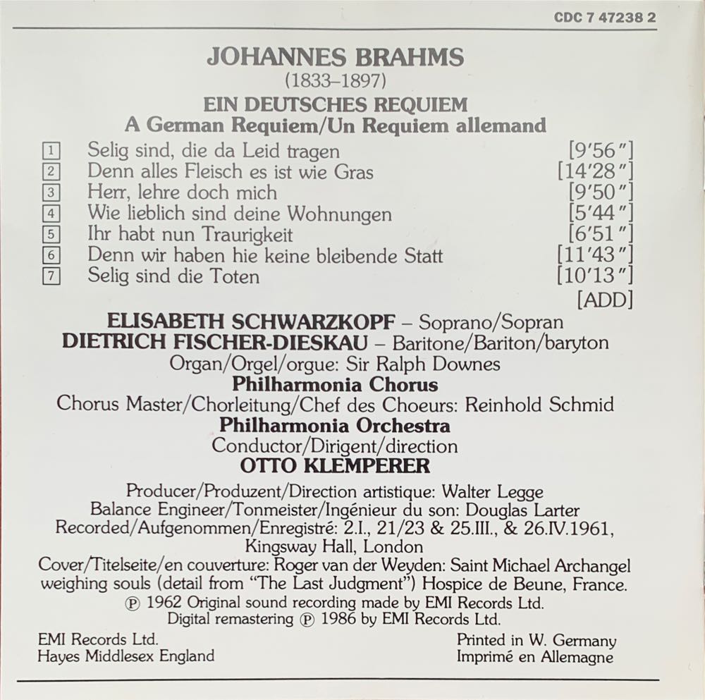 Brahms: Ein Deutsches Requiem - Schwarzkopf, Fischer-Dieskau, Klemperer, Philharmonia (CD - 69) music collectible [Barcode 077774723824] - Main Image 3