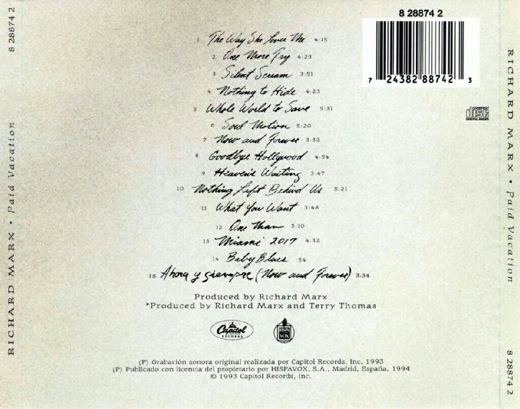 Paid Vacation - Marx , Richard (CD - 49) music collectible [Barcode 077778972921] - Main Image 2