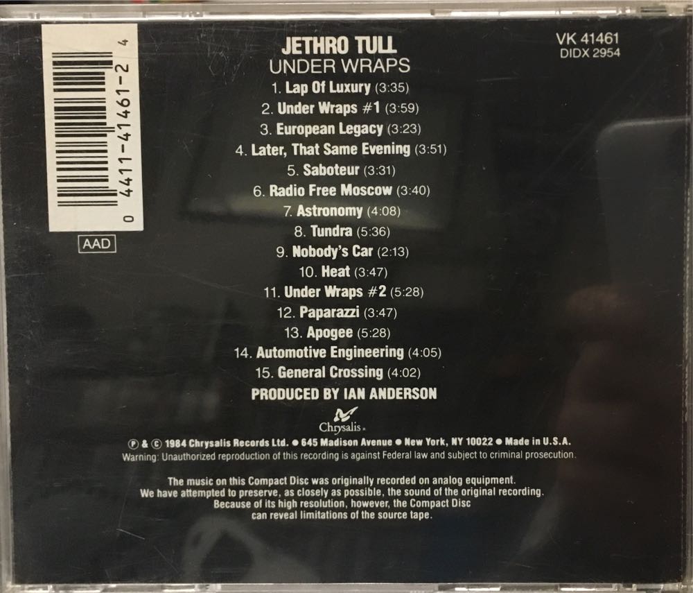 Under Wraps - Jethro Tull (CD - 58) music collectible [Barcode 044114146124] - Main Image 2