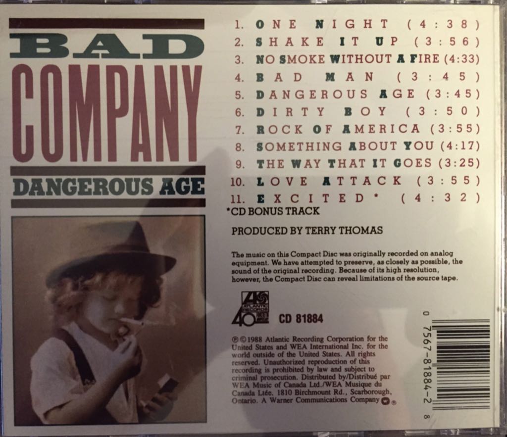Dangerous Age - Bad Company (CD-R - 44) music collectible [Barcode 075678188428] - Main Image 2