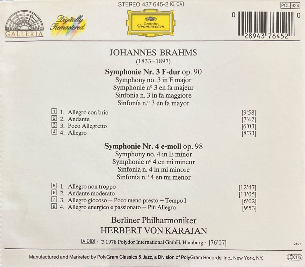 Brahms - Symphonies 3 & 4 - Classical Gallery (CD) music collectible [Barcode 028943764520] - Main Image 2