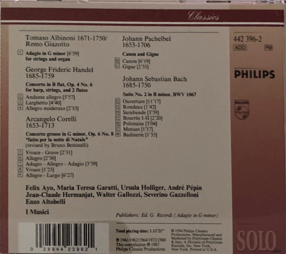 Albinoni, Bach, Corelli, Handel, Pachelbel - Baroque Favourites - Classical Gallery (CD) music collectible [Barcode 028944239621] - Main Image 2