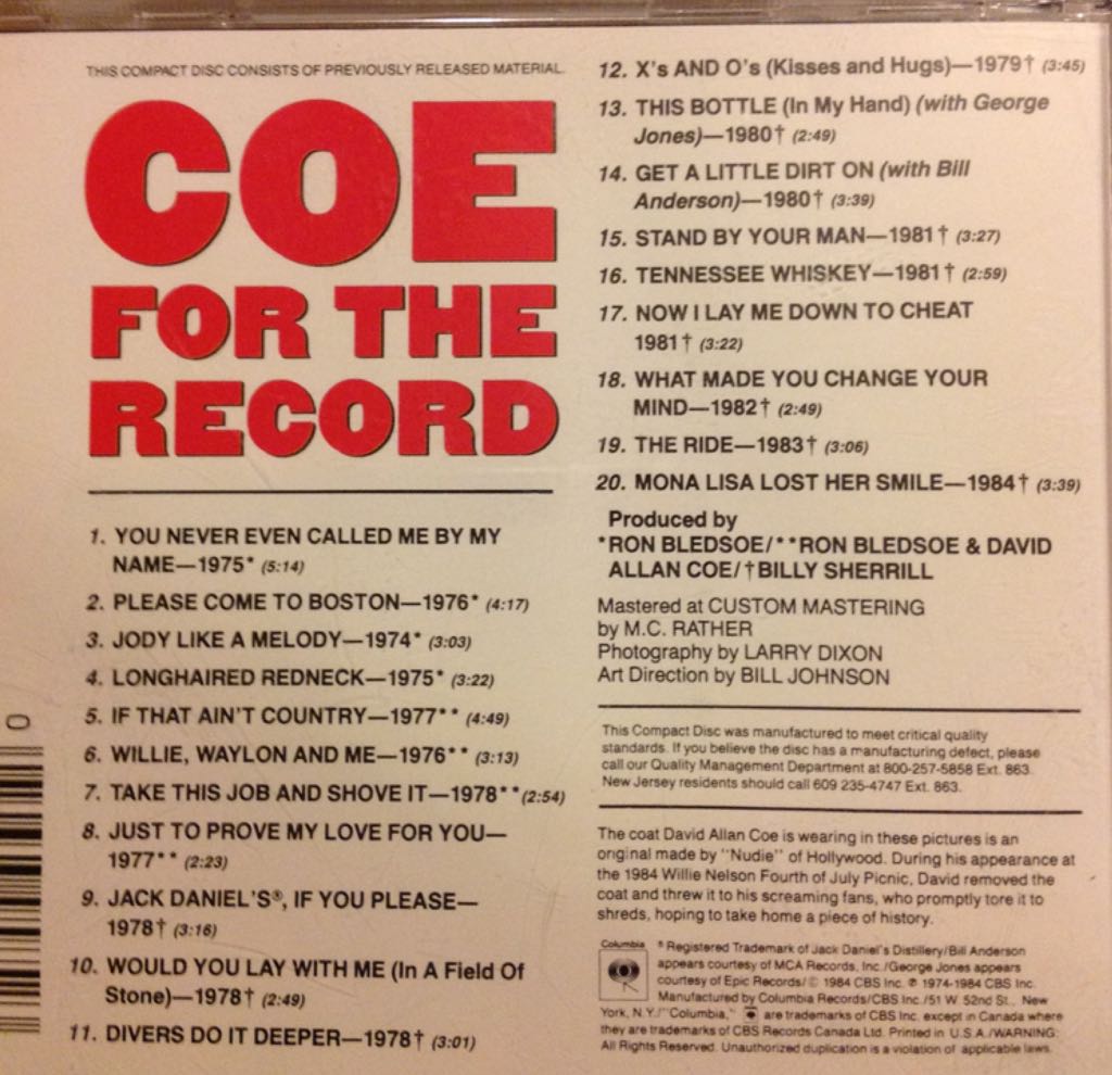 For the Record - The First 10 Years - Coe, David Allan (CD) music collectible [Barcode 074643958523] - Main Image 2