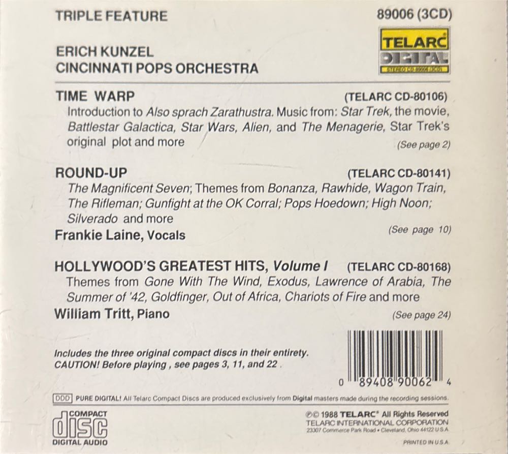 Kunzel / Cincinnati Pops Triple Feature : Time Warp ; Round-up ; Hollywood’s Greatest Hits - Cincinnati Pops Orchestra, Erich Kunzel (CD) music collectible [Barcode 089408900624] - Main Image 2