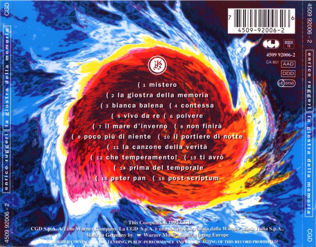 La Giostra Della Memoria - Enrico Ruggeri (CD) music collectible [Barcode 745099200626] - Main Image 2