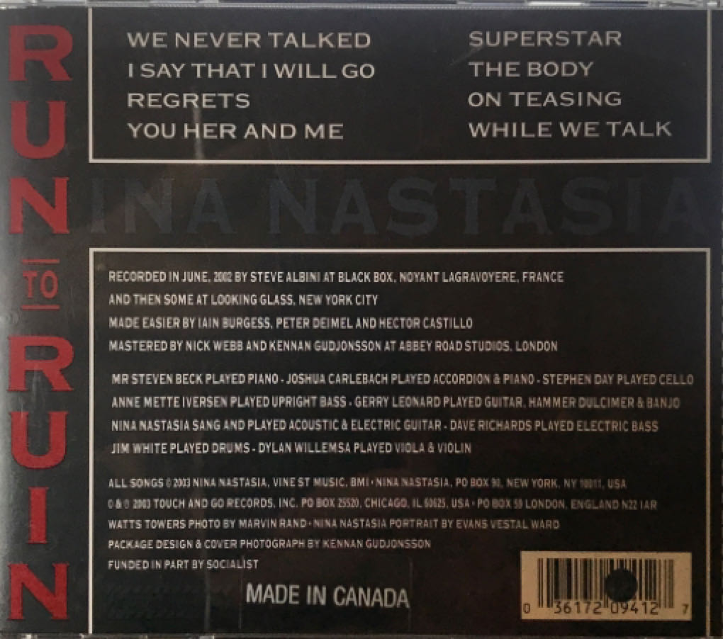 Run To Ruin - Nina Nastasia (CD) music collectible [Barcode 036172094127] - Main Image 2
