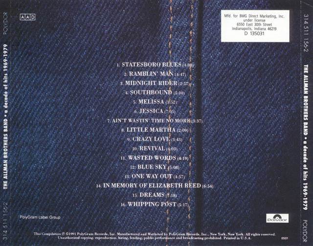 A Decade of Hits 1969-1979 - Allman Brothers Band (CD - 76) music collectible [Barcode 731451115622] - Main Image 2