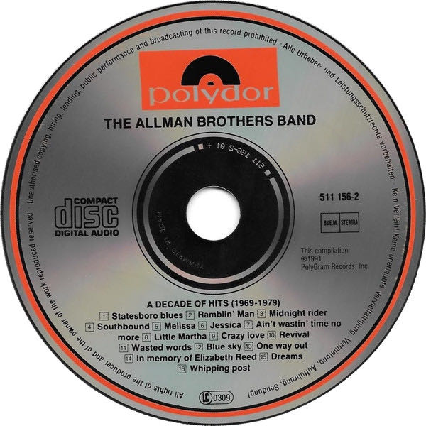 A Decade of Hits 1969-1979 - Allman Brothers Band (CD - 76) music collectible [Barcode 731451115622] - Main Image 4