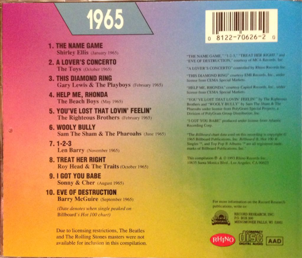 Billboard Top Rock ’n’ Roll Hits 1965 - Various Artists (CD - 28) music collectible [Barcode 081227062620] - Main Image 2