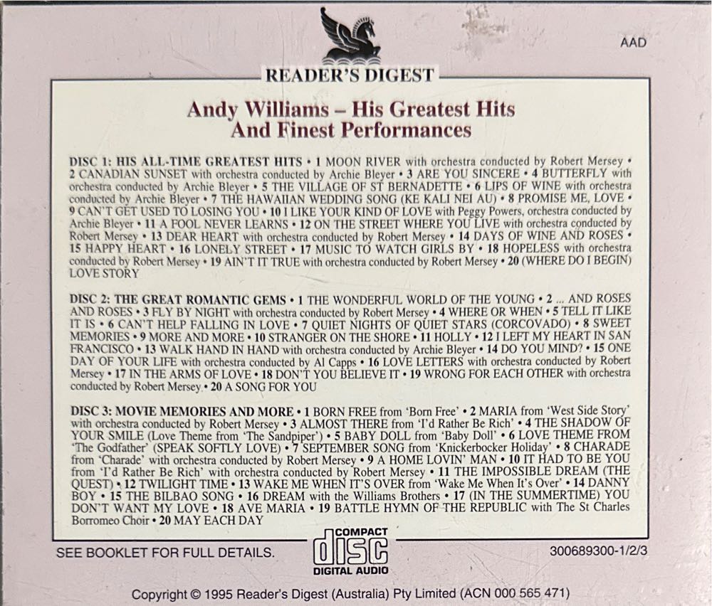 Andy Williams His Greatest Hits And Finest Performances - Williams, Andy (CD) music collectible [Barcode 715187743922] - Main Image 2