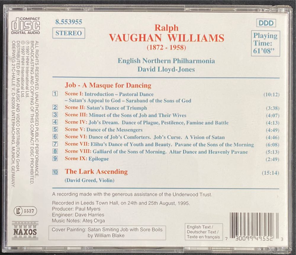 Vaughan Williams: Job:  A Masque For Dancing o.a - Q/David Lloyd-Jones & English Northern Philharmonia (CD - 61) music collectible [Barcode 730099495523] - Main Image 2