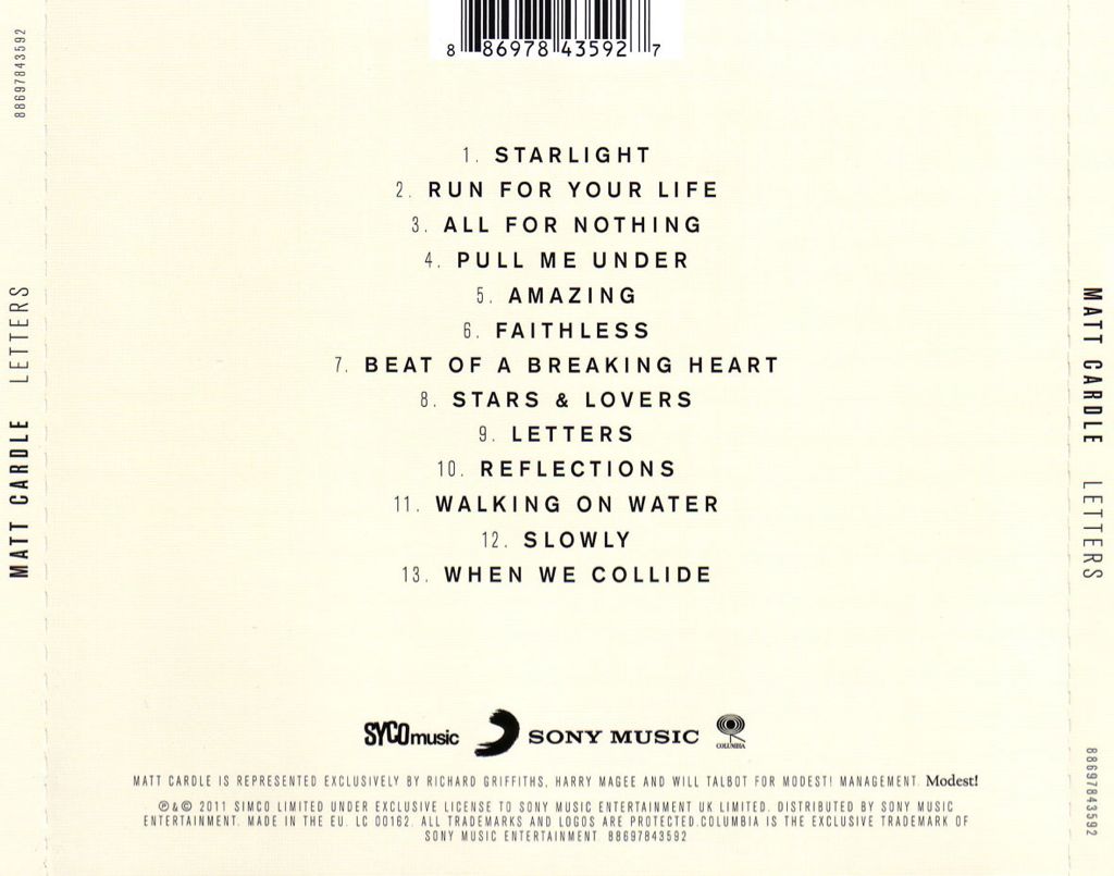 Letters - Matt Cardle (CD - 49) music collectible [Barcode 886978435927] - Main Image 2
