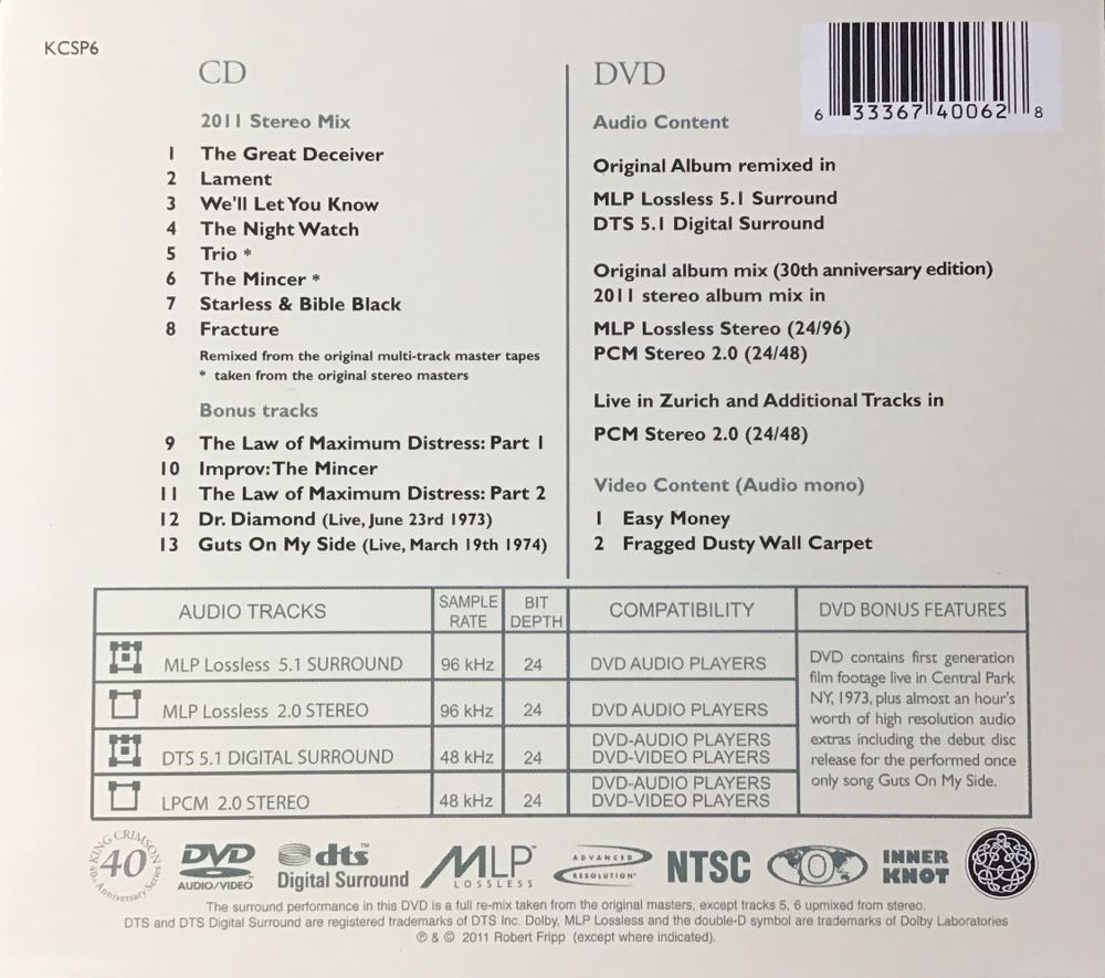 Starless And Bible Black - King Crimson (CD/DVD) music collectible [Barcode 633367400628] - Main Image 2
