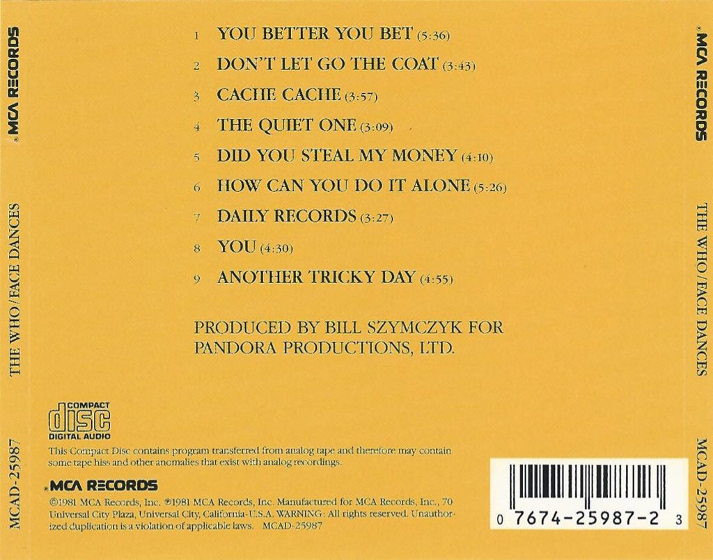 Face Dances - The Who (CD) music collectible [Barcode 075992741224] - Main Image 2