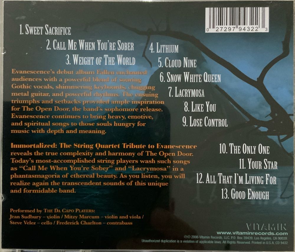 Immortalized: The String Quartet Tribute to Evanescence - Vitamin String Quartet (CD) music collectible [Barcode 027297943223] - Main Image 2