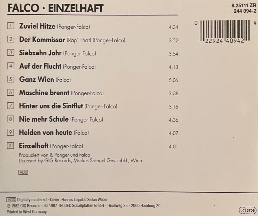 Einzelhaft - Falco (12” - 41) music collectible [Barcode 022924409424] - Main Image 2