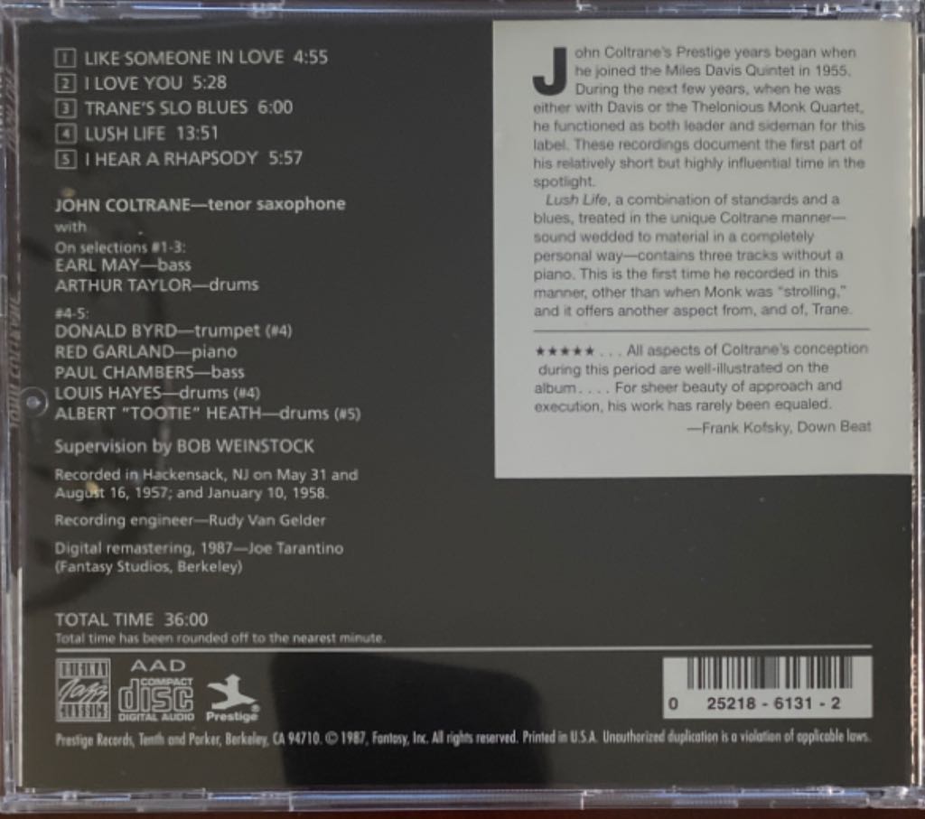 Lush Life - John Coltrane (CD) music collectible [Barcode 025218613125] - Main Image 2